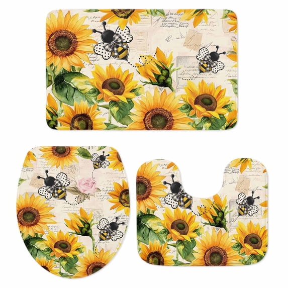 Sunflower Bee Bath Mat 3 Piece Bathroom Rug Set, Yellow Botanical Vintage Rose Floral Spring Non Slip Bath Rug Contour Mat and Toilet Lid Cover, Absorbent Shower Mats Soft Bath Rugs and Mats Sets