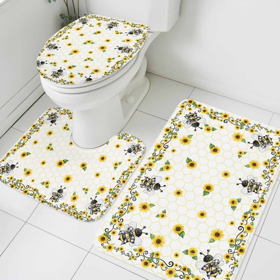 Sunflower Bee Bathroom Rugs Set Country Summer Floral Bee Nest Non Slip Absorbent Soft Bath Mats 3 Piece Set with Bathroom Rug, U-Shaped Floor Mat, Toilet Seat Cover Large Size