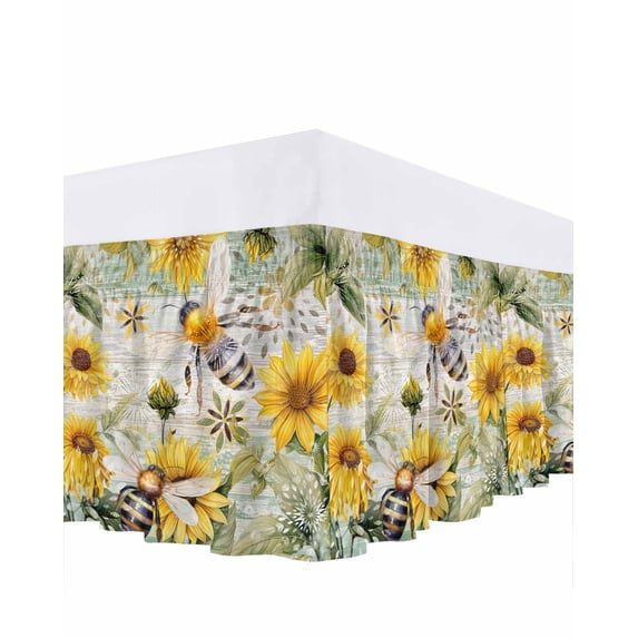 Sunflower Bee Bed Skirt Queen Size, Vintage Summer Botanical Farmhouse Wrap Around Bed Skirting with Adjustable Elastic Strap, Dust Ruffle Pleated Bedskirts 18 Inch Drop for Bedroom Queen Beds