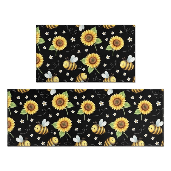 Sunflower and Bee Black Pattern Anti Fatigue Kitchen Rugs Set Of 2, Non Slip Washable Decorative Floor Mats for Kitchen Sink Laundry, 17"x30" and 17"x47"