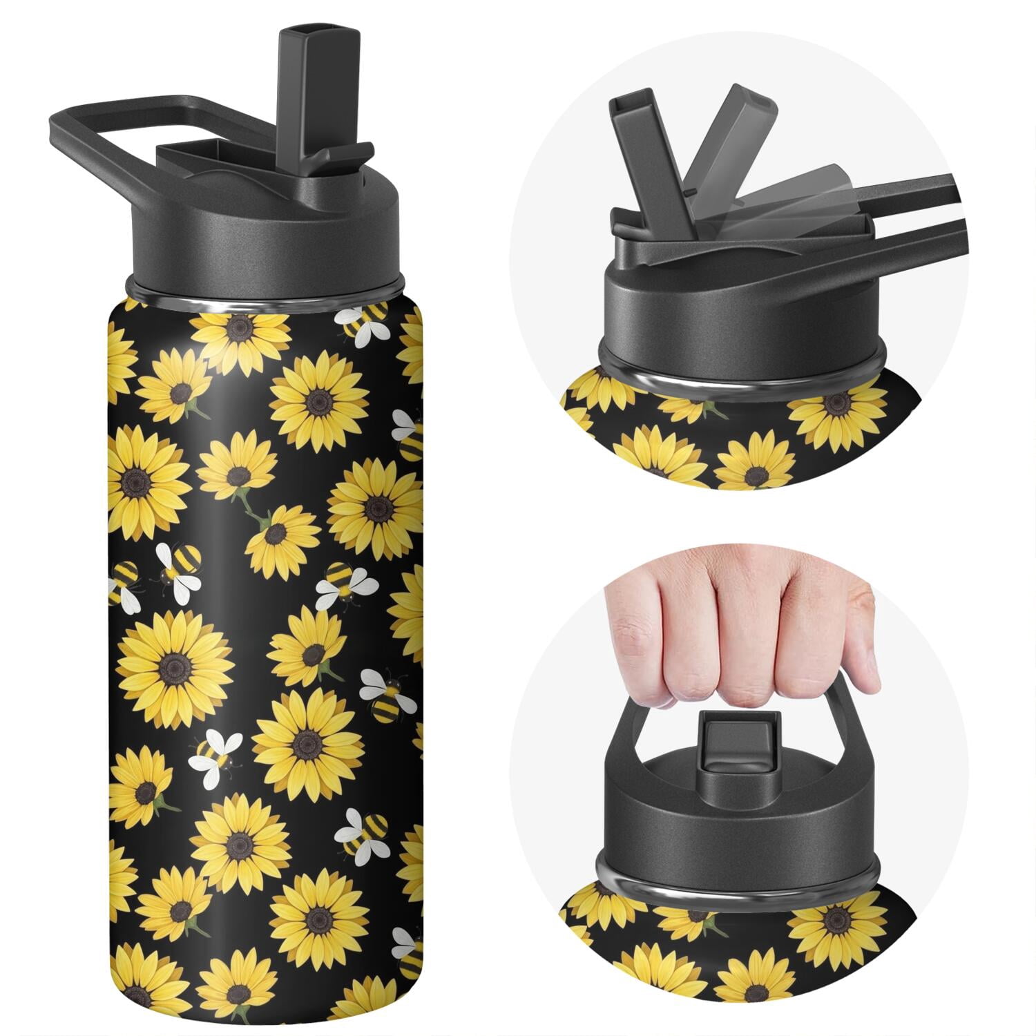 Sunflower and Bee Black Pattern Insulated Water Bottle with Straw ...