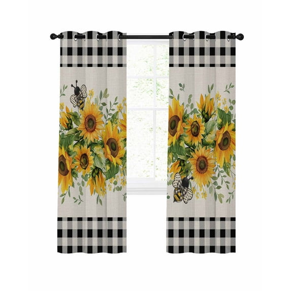 Sunflower Bee Blackout Curtains 63 Inches Long, Farmhouse Floral 2 Panels, Thermal Insulated Room Darkening Drapes with Grommets, 42W x 63L Each Panel