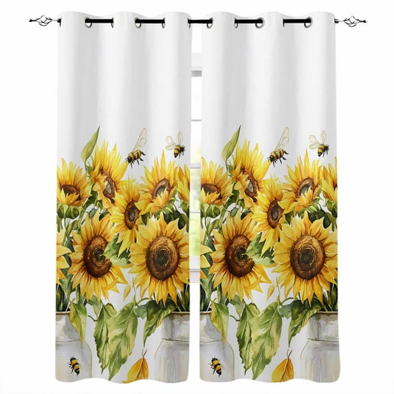 Sunflower Bee Blackout Curtains for Bedroom Living Room Darkening Curtains 54 Inch Long Watercolor Yellow White Summer Spring Short Curtain for Small Window Treatment Grommet Drapes 42"x54"x2
