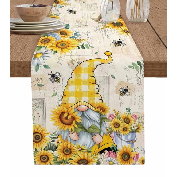 Sunflower Bee Burlap Cotton Table Runner 14x72 Inches Long, Summer Gnomes Hydrangea Floral Farmhouse Table Runners, Outdoor Dining Tablecloths Decor for Baby Shower/Party/Wedding