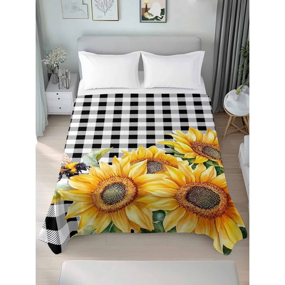 Sunflower Bee California King Size Flat Sheet, Wrinkleproof & Fadeproof Cooling Flat Bed Sheet Only, Black White Lattice Yellow Floral Flower Breathable Soft Bedding Top Sheets 108 x 98 Inches