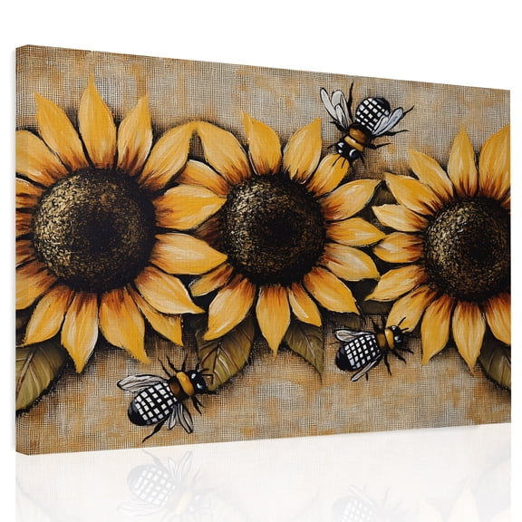 Sunflower with Bee Canvas Print Wall Art, Sunflower Retro Linen Pastoral Wall Decor Modern Artwork Paintings Pictures for Living Room Framed and Stretched Ready to Hang, 24" x 32"