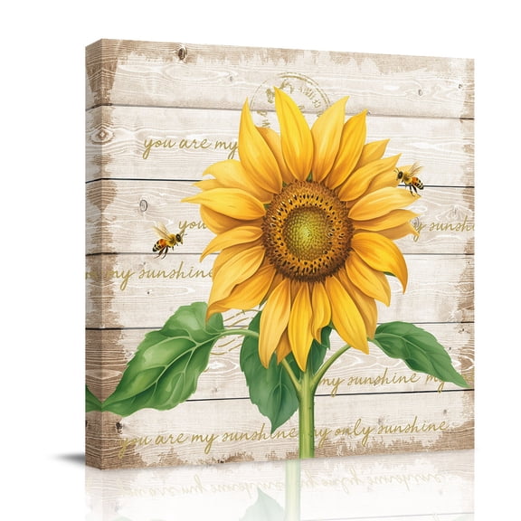 Sunflower Bee Canvas Wall Art for Living Room, Yellow Floral Wood Grain Farmhouse Vintage Wall Decor Framed Artwork Pictures Ready to Hang for Bedroom Office Home Decor