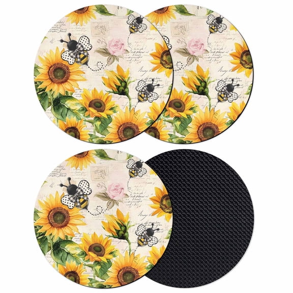Sunflower Bee Coasters Set of 4, Soft Absorbent Coasters for Drinks, Yellow Botanical Vintage Rose Floral Spring Non-Slip Cup Coaster Mat with Rubber Bottom for Home Kitchen Coffee Bar Table Decor 4"