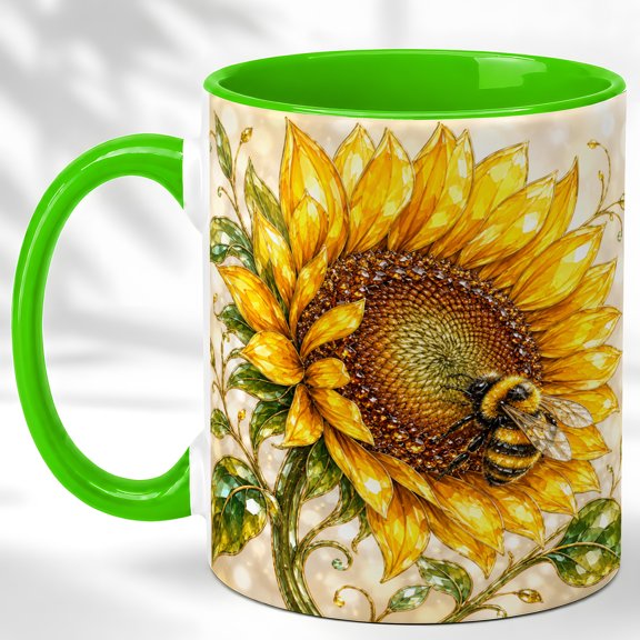 Sunflower Bee Coffee Mug, Garden Flower Mug, Ceramic 11 oz