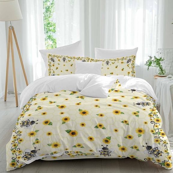 Sunflower Bee Comforter Set Full Size, Country Summer Floral Bee Nest Yellow Soft Bedding Set for Man Woman, 4 Pieces Duvet Cover Set with Fitted Sheet, 2 Pillowcases
