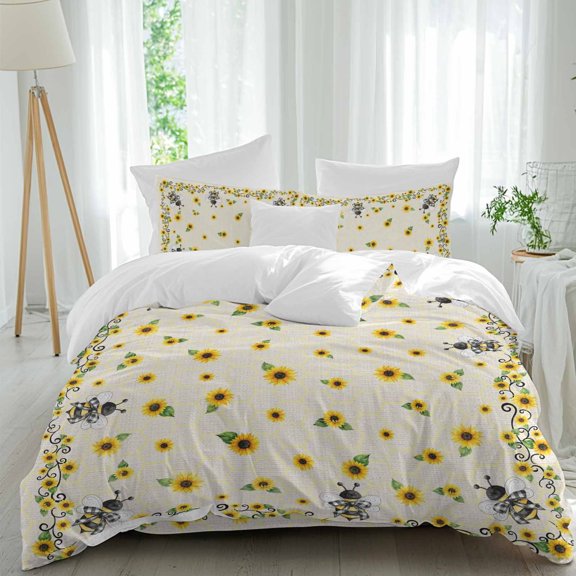 Sunflower Bee Comforter Set Queen Size, Country Summer Floral Bee Nest Linen Texture Soft Bedding Set for Man Woman, 4 Pieces Duvet Cover Set with Fitted Sheet, 2 Pillowcases