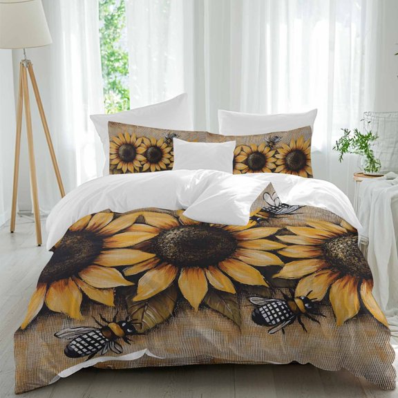 Sunflower with Bee Comforter Set Queen Size, Sunflower Retro Linen Pastoral Soft Bedding Set for Man Woman, 4 Pieces Duvet Cover Set with Fitted Sheet, 2 Pillowcases