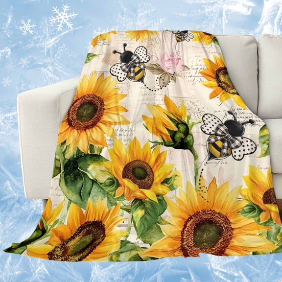 Sunflower Bee Cooling Blanket for Hot Sleepers,Soft Cool Summer Blanket for Night Sweats,Yellow Botanical Vintage Rose Floral Spring Lightweight Ice Silk Bed Throw Blankets All Season 60"x80"
