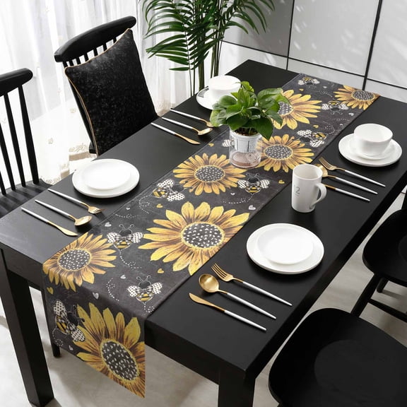 Sunflower Bee Cotton Linen Table Extra Long Runner 13 x 120 inch Black Yellow Farm Flower Spring Summer Non-slip Rectangular Dining Table Decor for Wedding Party Holiday Dinner