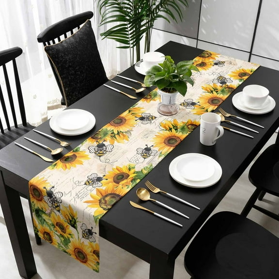 Sunflower Bee Cotton Linen Table Runner 14 x 72 inch Yellow Botanical Vintage Rose Floral Spring Non-slip Rectangular Dining Table Decor for Wedding Party Holiday Dinner