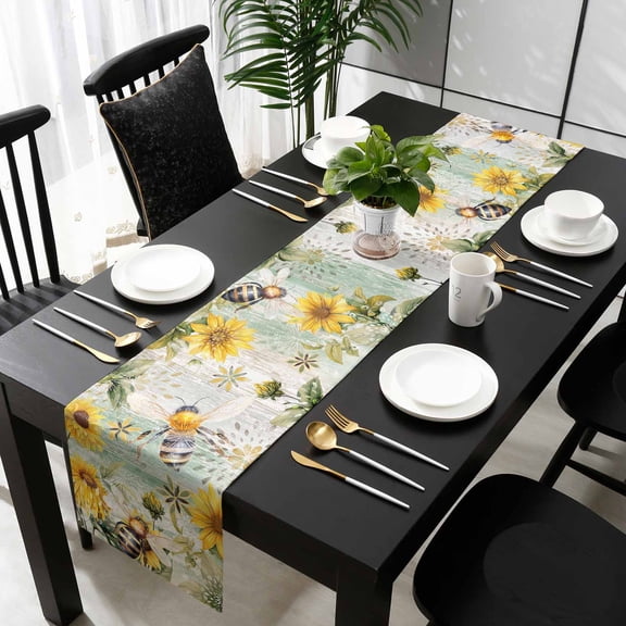 Sunflower Bee Cotton Linen Table Runner 18 x 72 inch Vintage Summer Botanical Farmhouse Non-slip Rectangular Dining Table Decor for Wedding Party Holiday Dinner