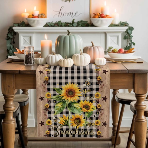 Sunflower Bee Cotton Linen Table Runner, Washable Table Runners for Kitchen, Dining Room, Holiday, Home Party Table Decor, 13x90 Inches