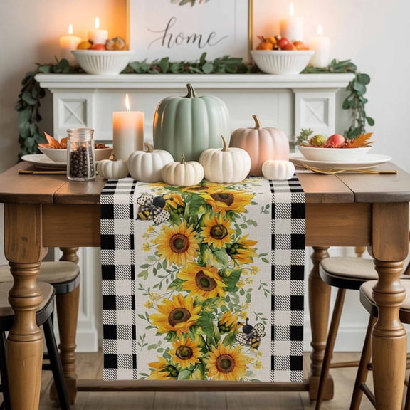 Sunflower Bee Cotton Linen Table Runner, Washable Table Runners for Kitchen, Dining Room, Holiday, Home Party Table Decor, 13x90 Inches