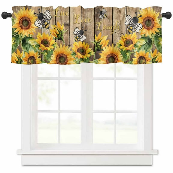 Sunflower Bee Curtain Valance for Windows/Kitchen/Living Room/Bedroom, Farmhouse Brown Wooden Botanical Floral Rod Pocket Window Treatment Short Drape Topper Small Tier Cafe Curtains Panel 54X18
