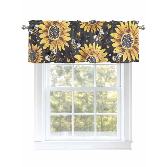 Sunflower Bee Curtain Valances for Windows, Black Yellow Farm Flower Spring Summer Kitchen Valance Window Treatment, Light Filtering Block Curtains for Bathroom/Bedroom/Living Room 42'' x 18''