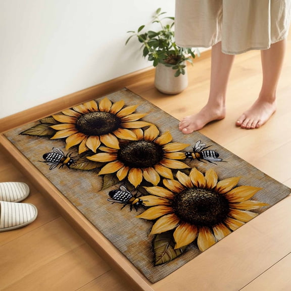 Sunflower with Bee Door Mat 16x24 Inch Sunflower Retro Linen Pastoral Entryway Rug with Non-Slip Rubber, Inside Floor Mats Front Door Rug for Living Room Bathroom Bedroom Home Office