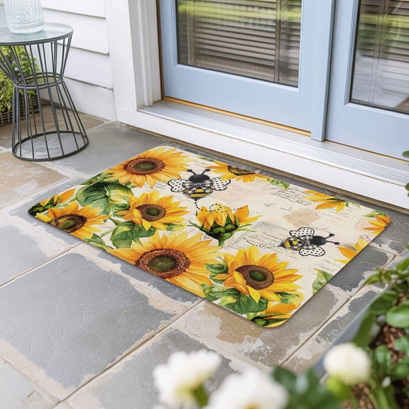 Sunflower Bee Door Mat Indoor Outdoor,Yellow Botanical Vintage Rose Floral Spring Non Slip Welcome Mat with Rubber Backing,Absorbent Fabric Front Door Mats Entryway Rug for Home Entrance 16"x24"