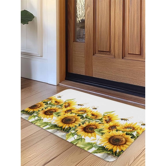 Sunflower Bee Door Mat Indoor Outdoor Entrance, Non Slip Small Rug for Kitchen Bathroom Entryway Rug, Watercolor Yellow White Summer Spring Washable Doormat Floor Mat 16x24 Inch