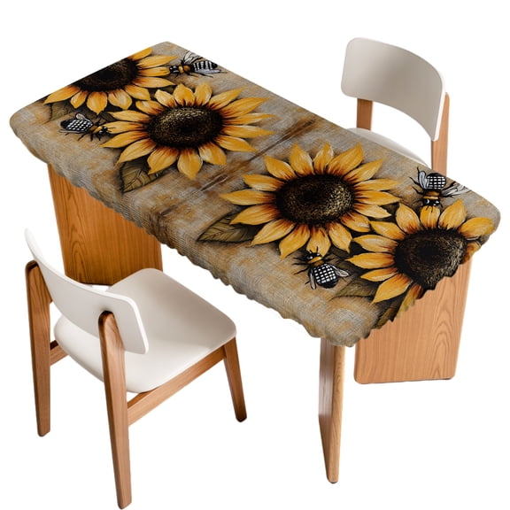 Sunflower with Bee Fitted Rectangle Tablecloth 32" x 72" Sunflower Retro Linen Pastoral Elastic Table Cloth Fits for 6 Foot Folding Tables Waterproof Table Cover for Picnic Camping Outdoor