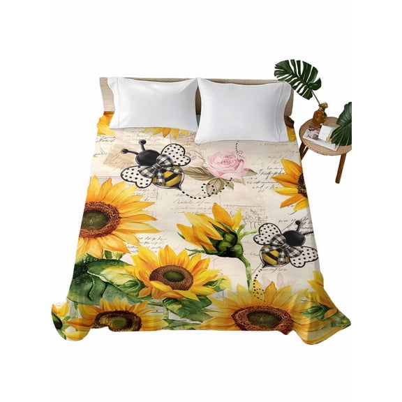 Sunflower Bee Flat Sheets Only Full Size, Soft Breathable Bed Top Sheets for Mattress, Yellow Botanical Vintage Rose Floral Spring Luxury Bedding Flat Sheets for Home Hotel Bedroom Bed Protection