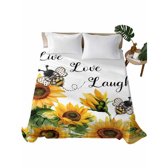 Sunflower Bee Flat Sheets Only Queen Size, Soft Breathable Bed Top Sheets for Mattress, Vintage Yellow Floral Farmhouse Watercolor Luxury Bedding Flat Sheets for Home Hotel Bedroom Bed Protection