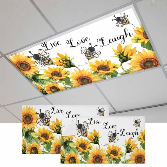 Sunflower Bee Fluorescent Light Covers, Vintage Yellow Floral Farmhouse Watercolor Magnetic Light Covers for Ceiling Lights, Fluorescent Ceiling Shade for Classroom Bedroom Office 4x2Ft x 2PCS