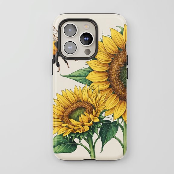 Sunflower Bee For All iPhone Series Tough Phone Case Vintage Botanical Floral Yellow Cream