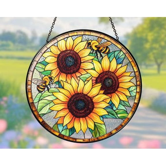 Sunflower Bee Glass Suncatcher Round Window Hanging, 3.5 in