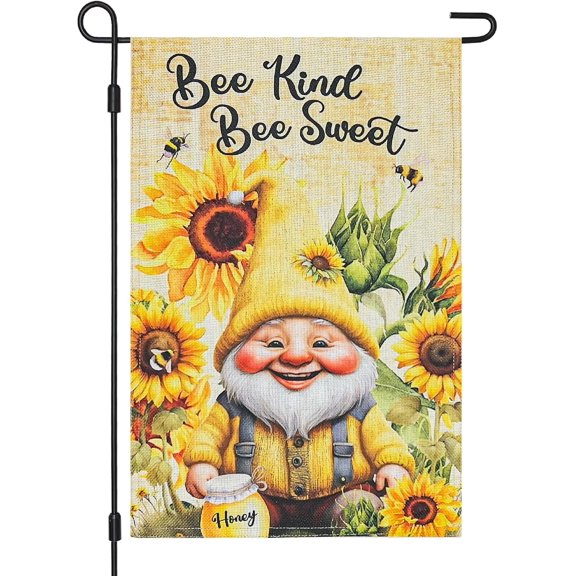 Sunflower Bee Gnome Garden Flag 12x18 Inch Double Sided Burlap Vertical Yard Flag for Outside Spring Summer Outdoor Decoration