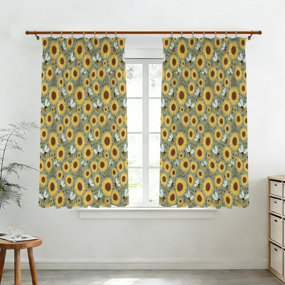 Sunflower and Bee Green Pattern Pinch Pleat Semi Sheer Linen Curtains, Linen Sheer Panels with Hooks & Rings, Privacy Sheer Gifts for Office Kids Room Home Decor,40"x63"