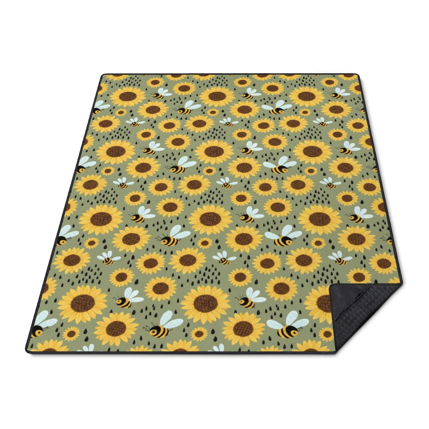 Sunflower and Bee Green Pattern Waterproof Picnic Blanket, 3-Layer ...