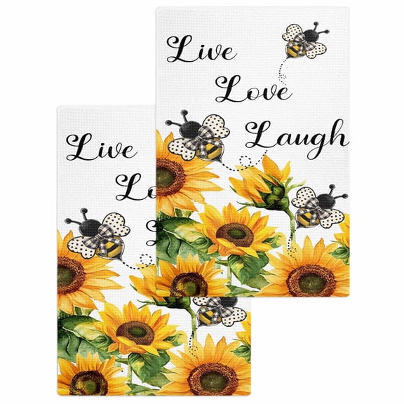 Sunflower Bee Hand Towels Set,Waffle Weave Kitchen Towels 2Pcs, Vintage Yellow Floral Farmhouse Watercolor Microfiber Hair Face Bath Tea Towel Absorbent Quick Drying Cleaning Dish Cloths 15.7"x23.6"