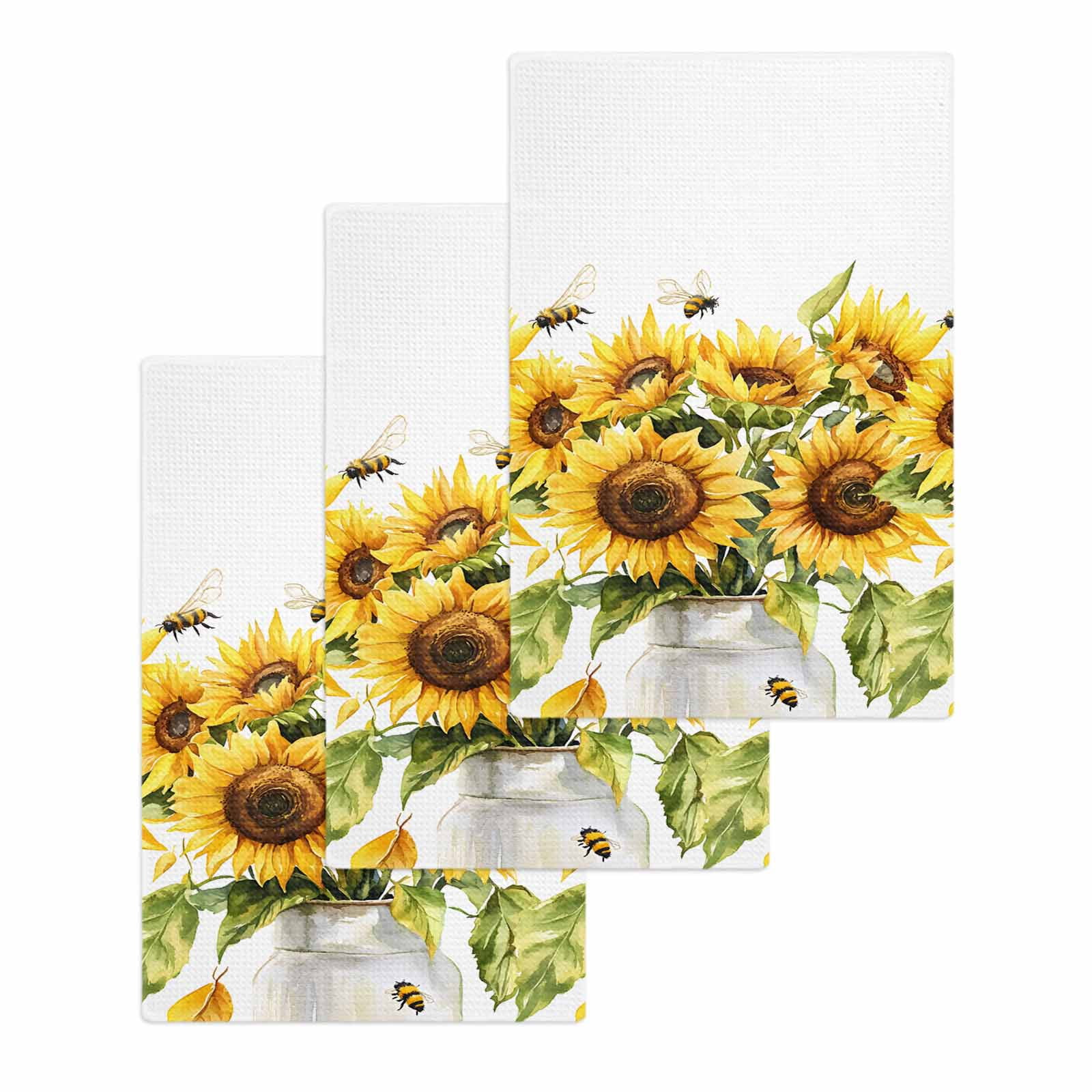 Sunflower Bee Hand Towels Set, Waffle Weave Kitchen Towels 3 Pieces, Watercolor Yellow White Summer Spring Microfiber Hair Face Bath Tea Towel Absorbent Quick Drying Cleaning Dish Cloths, 15.7"x23.6"