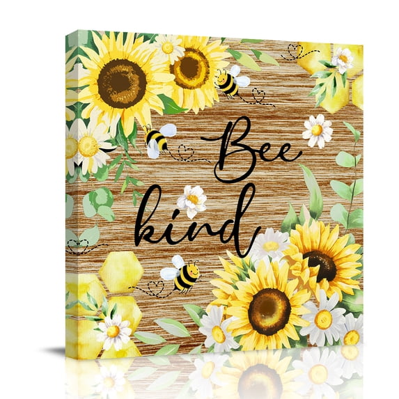 Sunflower Bee Kind Canvas Wall Art for Living Room, Vintage Yellow Floral Bees White Daisy Brown Wooden Grain Poster Print Painting for Bedroom Office Home Decor Wall Pictures Prepare To Hang 16"x16"