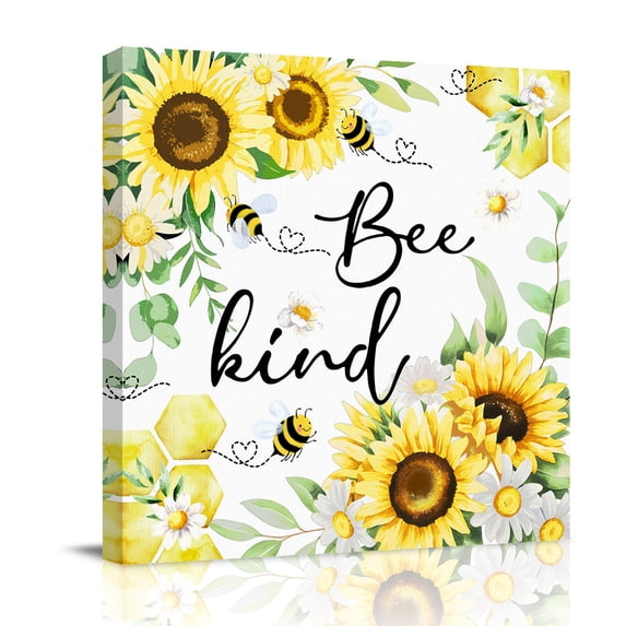 Sunflower Bee Kind Canvas Wall Art for Living Room, Vintage Yellow Floral Bees White Daisy Green Plant Poster Print Painting for Bedroom Office Home Decoration Wall Pictures Prepare To Hang 12"x12"