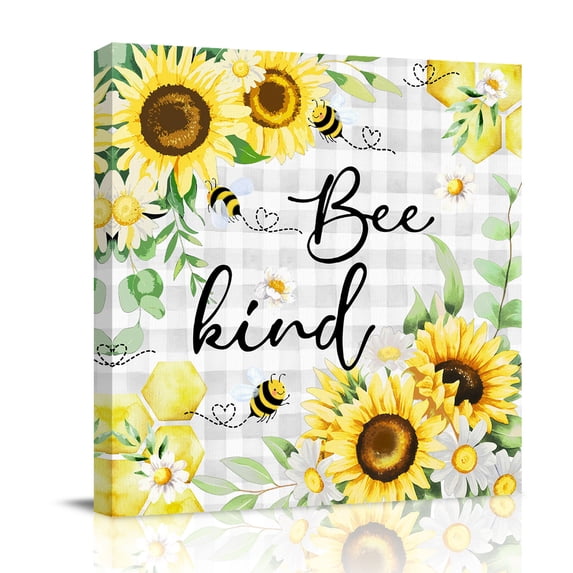 Sunflower Bee Kind Canvas Wall Art for Living Room, Vintage Yellow Floral Bees White Daisy Plant Grey Plaid Poster Print Painting for Bedroom Office Home Decor Wall Pictures Prepare To Hang 16"x16"