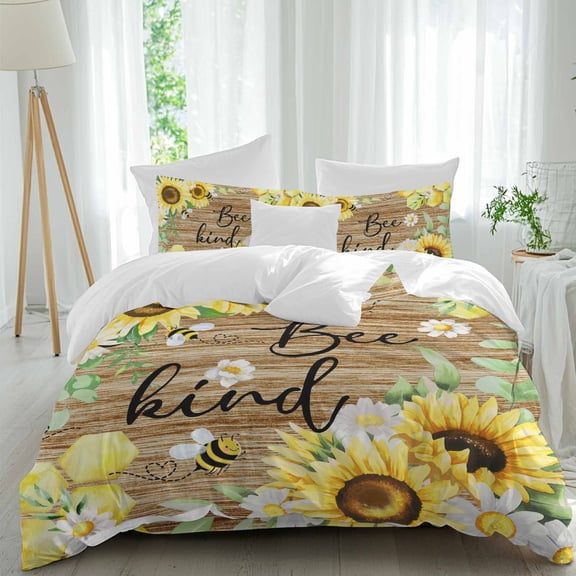 Sunflower Bee Kind Queen Size Comforter Set, Vintage Yellow Bees White Daisy Brown Wood Grain Bedding for All Seasons, 4 Pcs Bed Set, 1Quiltcover (90"x92") ,1Sheet(94"x116"), 2Pillowcases (30"x20")