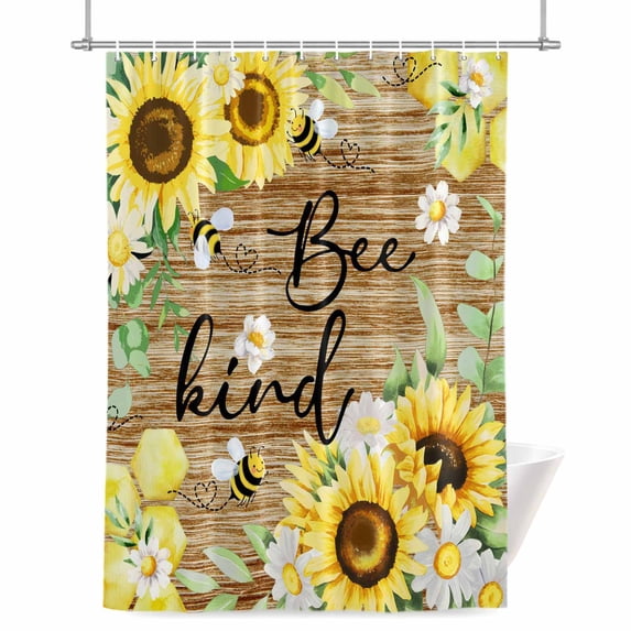 Sunflower Bee Kind Shower Curtain, Vintage Yellow Floral Bees White Daisy Brown Wooden Grain Waterproof Shower Curtain Set with 12 Hooks Lightweight Bath Curtains Fabric Bathroom Decor 60x72 Inches