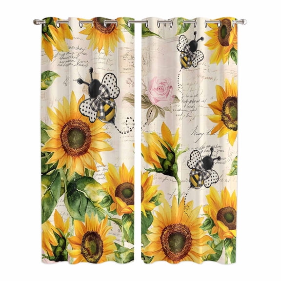 Sunflower Bee Kitchen Curtains 84 Inch Length, Yellow Botanical Vintage Rose Floral Spring Grommet Top Bedroom Living Room Curtains, Light Filtering Cafe Curtain Drapes 2 Panels Set 84''x84''
