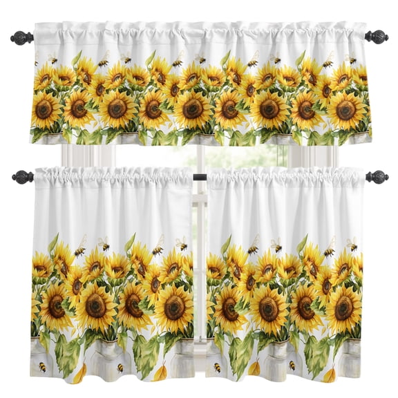 Sunflower Bee Kitchen Curtains, Kitchen Curtains and Valances Set of 3, Watercolor Yellow White Summer Spring Light Filtering Tailored Tier Curtain 36 Inch Length Drapes for RV Cafe Bathroom Bedroom
