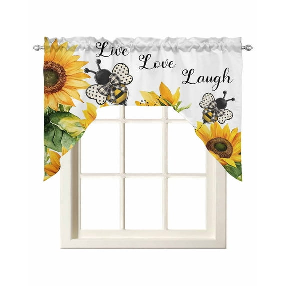 Sunflower Bee Kitchen Curtains Swag Valance for Windows/Bathroom/Cafe, Vintage Yellow Floral Farmhouse Watercolor Rod Pocket Drape Panel Swag Curtain Valance for Bedroom/Living Room 55''x36''