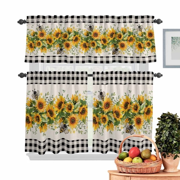 Sunflower Bee Kitchen Curtains Valances 3 Piece Set, Farmhouse Floral Rod Pocket Tier Curtain and Valance Drapes for Small Window 36 Inch Length for Bedroom Cafe