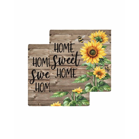 Sunflower Bee Kitchen Dish Towels for Drying Dishes Set of 2, Farmhouse Country Wooden Plank Brown Waffle Weave Microfiber Terry Hand Tea Bathroom Towels Quick Dry & Absorbent Towel 12x12