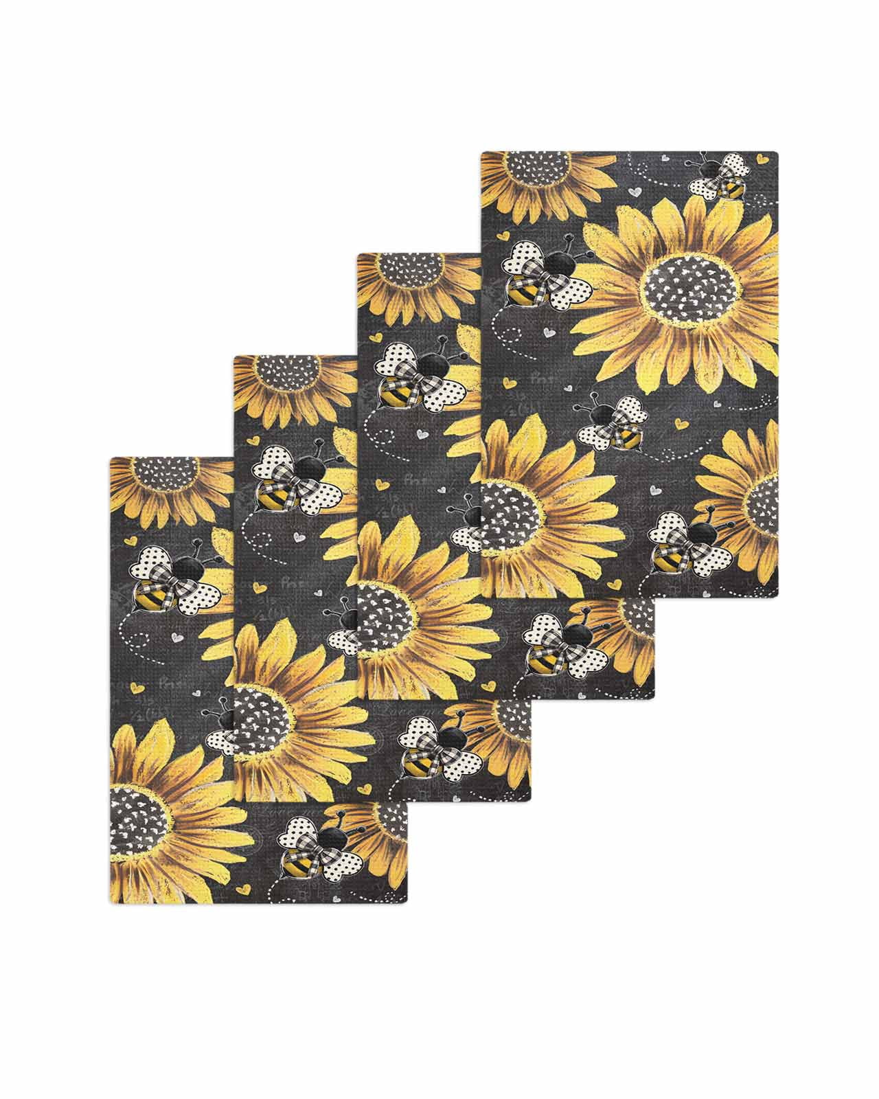 Sunflower Bee Kitchen Dish Towels for Drying Dishes Set of 4, Black Yellow Farm Flower Spring Summer Waffle Weave Microfiber Terry Hand Tea Bathroom Towels Quick Dry & Absorbent Towel 15.7x23.6
