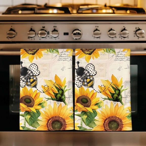 Sunflower Bee Kitchen Towels Set of 1, Yellow Botanical Vintage Rose Floral Spring Absorbent Dish Towels for Kitchen, Microfiber Hand Towel, Quick Drying Tea Towel for Cleaning Decorative Dishcloths